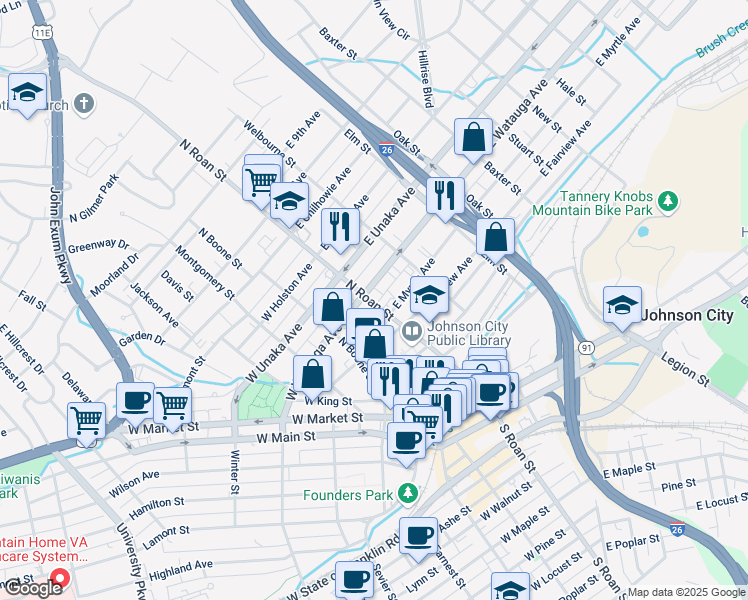 map of restaurants, bars, coffee shops, grocery stores, and more near 606 North Roan Street in Johnson City