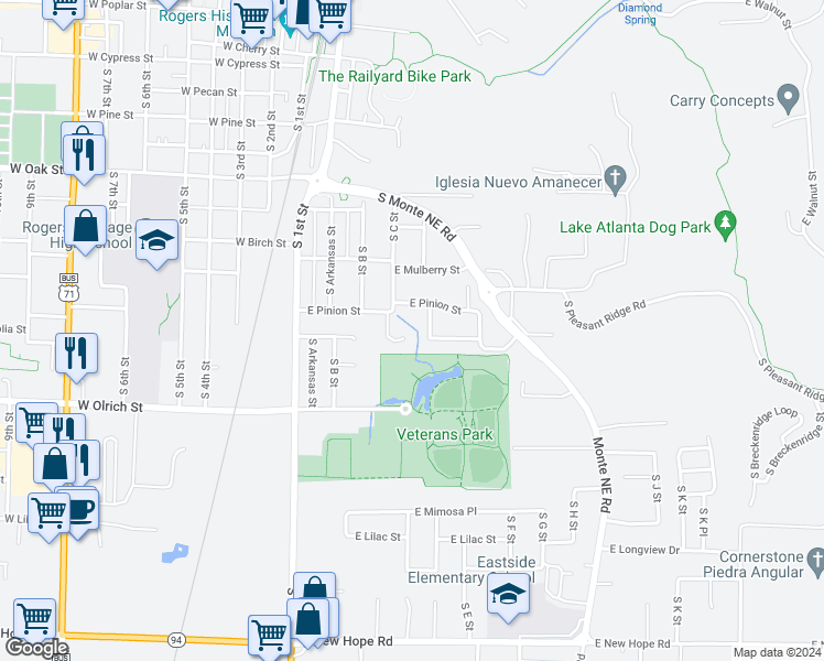 map of restaurants, bars, coffee shops, grocery stores, and more near 1308 South C Court in Rogers
