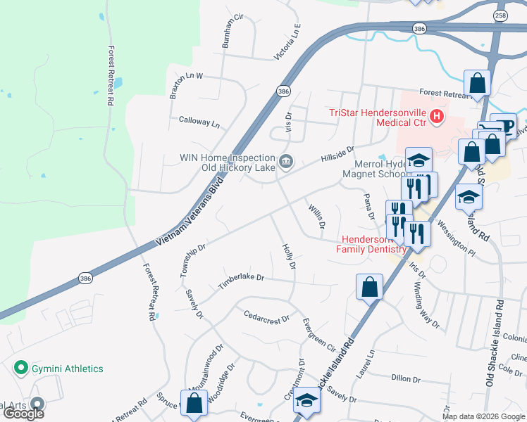 map of restaurants, bars, coffee shops, grocery stores, and more near 206 Township Drive in Hendersonville