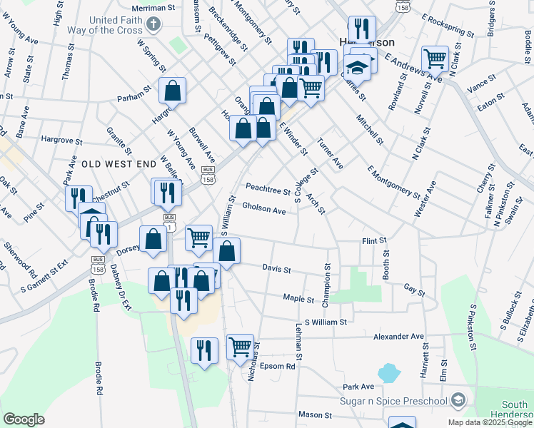 map of restaurants, bars, coffee shops, grocery stores, and more near 262 Gholson Avenue in Henderson