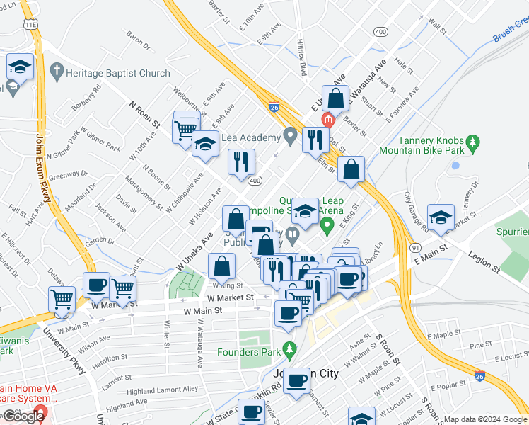 map of restaurants, bars, coffee shops, grocery stores, and more near 100 East Watauga Avenue in Johnson City