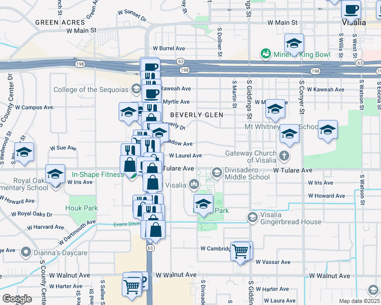 map of restaurants, bars, coffee shops, grocery stores, and more near 1604 West Laurel Avenue in Visalia
