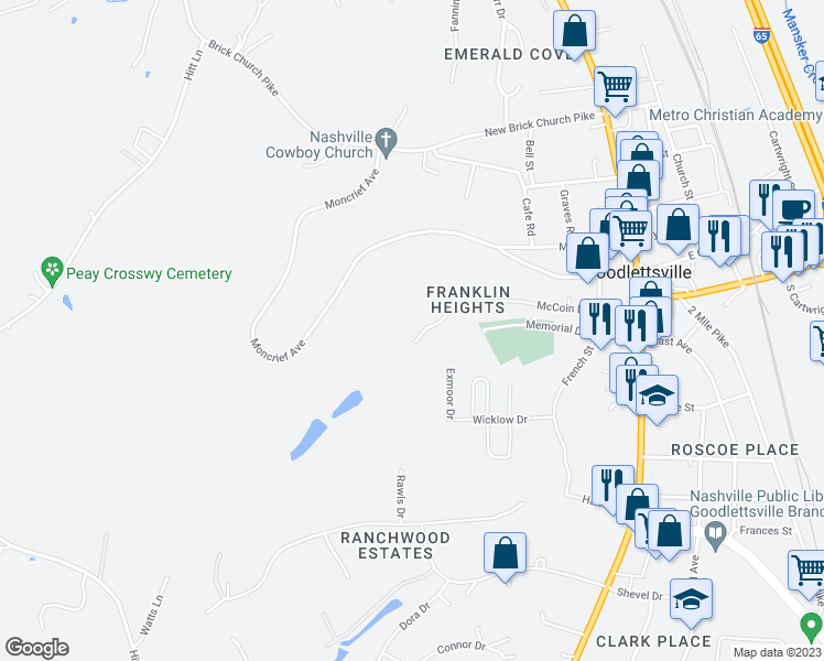 map of restaurants, bars, coffee shops, grocery stores, and more near 333 McCoin Drive in Goodlettsville