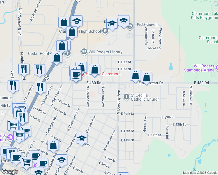 map of restaurants, bars, coffee shops, grocery stores, and more near 1330 Choctaw Place in Claremore