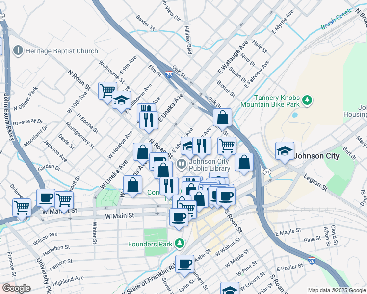 map of restaurants, bars, coffee shops, grocery stores, and more near 112e East Myrtle Avenue in Johnson City