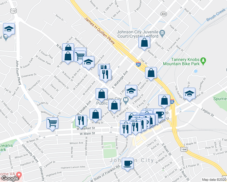 map of restaurants, bars, coffee shops, grocery stores, and more near 101 West Watauga Avenue in Johnson City