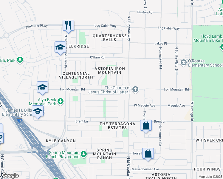 map of restaurants, bars, coffee shops, grocery stores, and more near Iron Mountain Road in Las Vegas