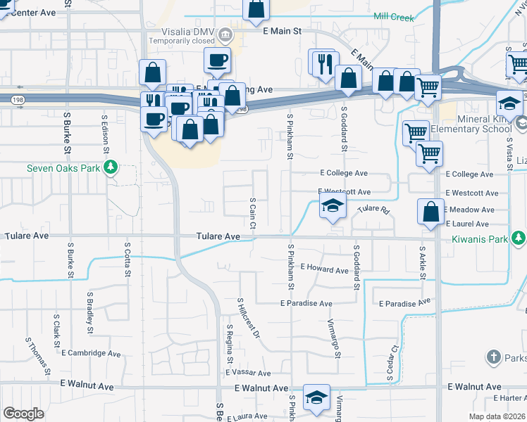 map of restaurants, bars, coffee shops, grocery stores, and more near 1104 South Tracy Street in Visalia