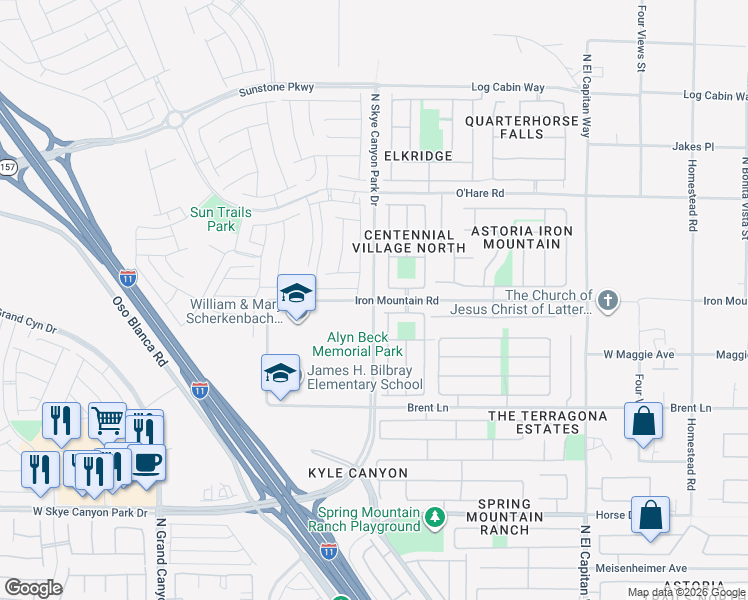 map of restaurants, bars, coffee shops, grocery stores, and more near Iron Mountain Road in Las Vegas