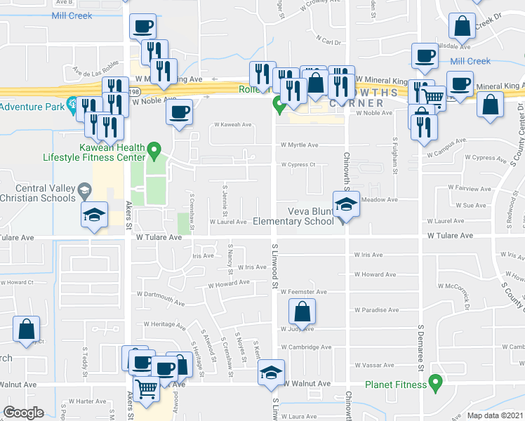 map of restaurants, bars, coffee shops, grocery stores, and more near 1028 South Rova Court in Visalia