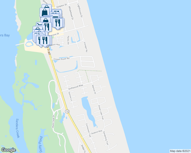 map of restaurants, bars, coffee shops, grocery stores, and more near 728 Spinnaker Arch in Corolla