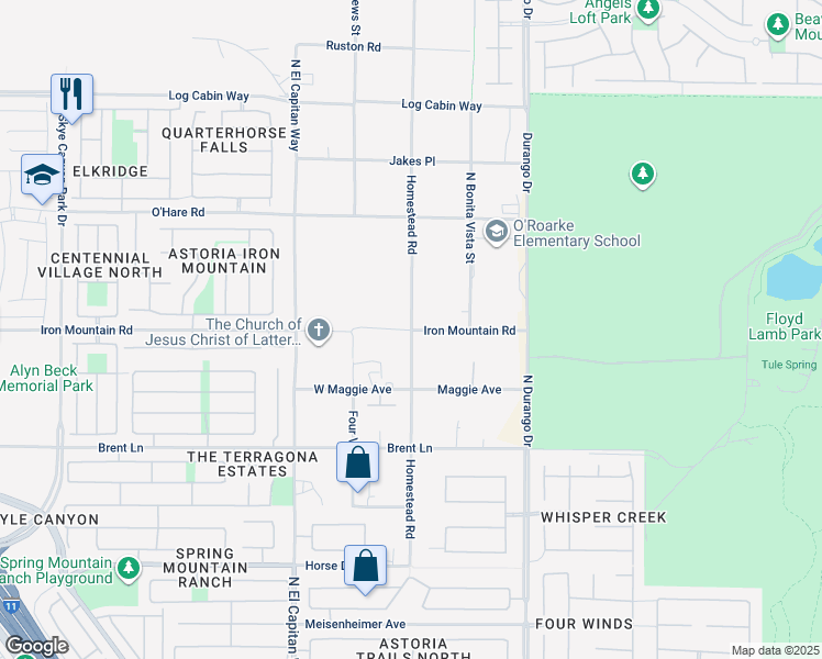 map of restaurants, bars, coffee shops, grocery stores, and more near 9201 Homestead Road in Las Vegas