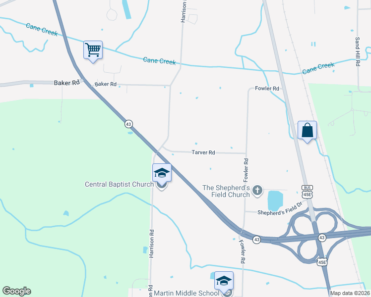 map of restaurants, bars, coffee shops, grocery stores, and more near 120 Tarver Road in Martin