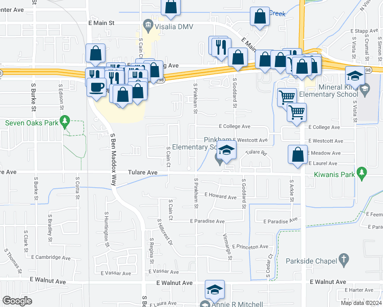 map of restaurants, bars, coffee shops, grocery stores, and more near 1039 South Pinkham Street in Visalia