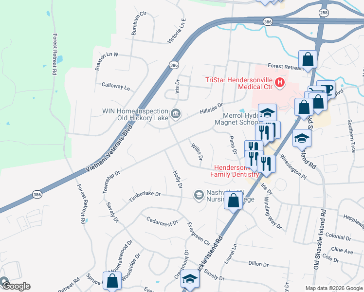 map of restaurants, bars, coffee shops, grocery stores, and more near 240 Iris Drive in Hendersonville
