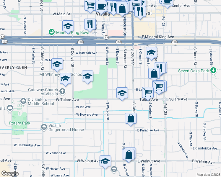 map of restaurants, bars, coffee shops, grocery stores, and more near 311 West Laurel Avenue in Visalia