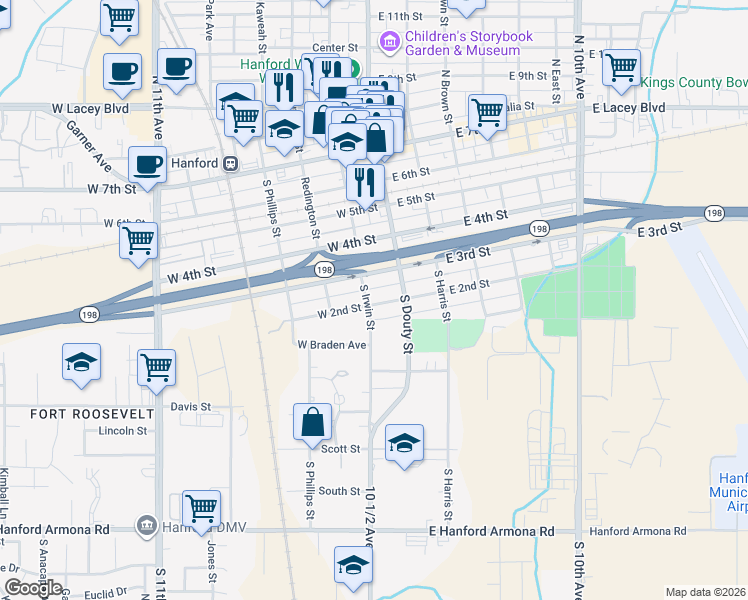 map of restaurants, bars, coffee shops, grocery stores, and more near 403 South Irwin Street in Hanford
