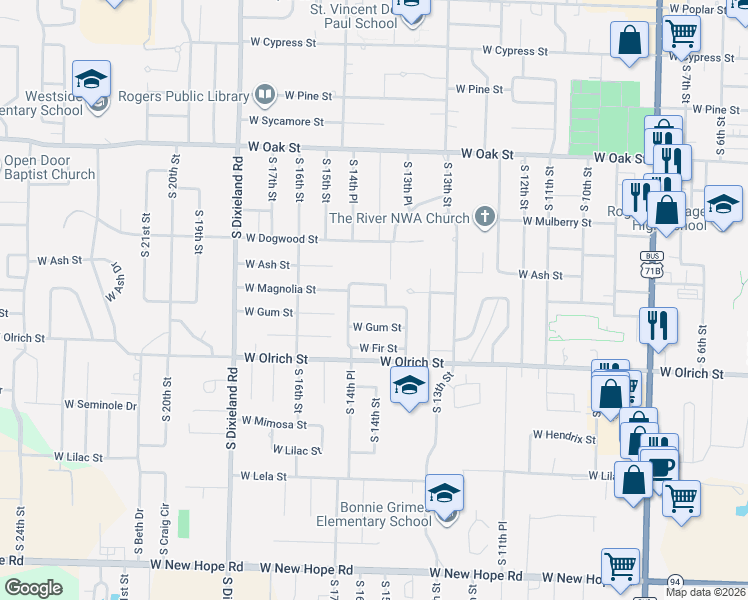 map of restaurants, bars, coffee shops, grocery stores, and more near 1402 West Magnolia Street in Rogers