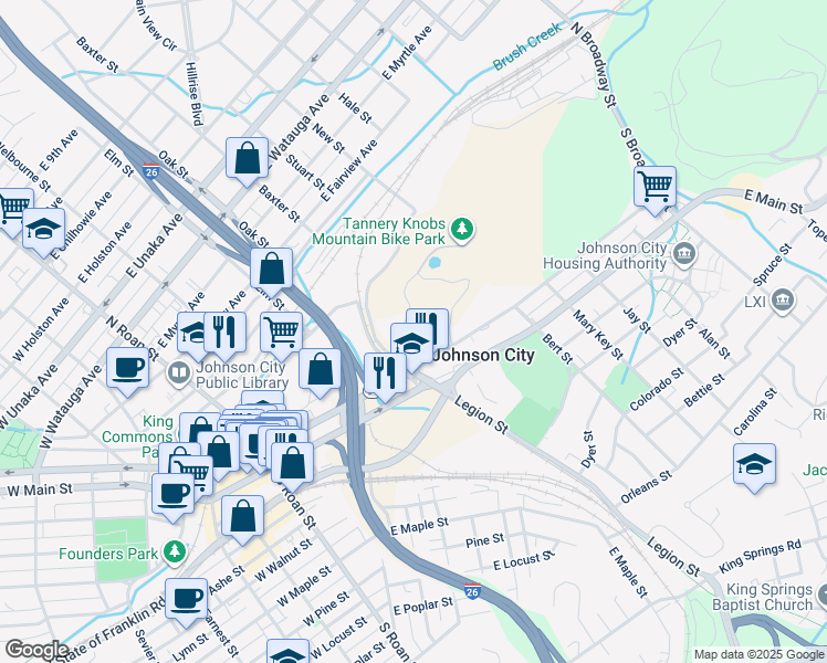 map of restaurants, bars, coffee shops, grocery stores, and more near 504 Dennis Drive in Johnson City