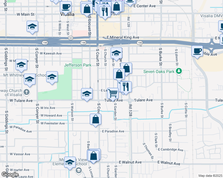 map of restaurants, bars, coffee shops, grocery stores, and more near 731 South Garden Street in Visalia