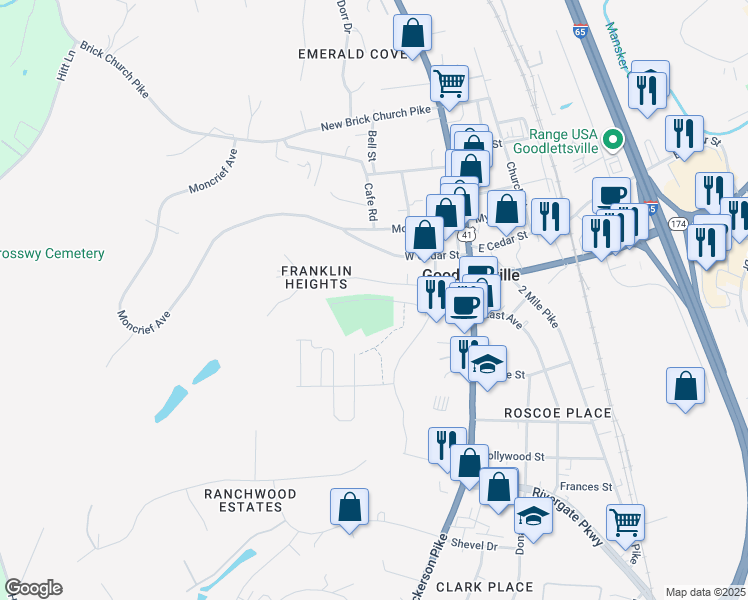 map of restaurants, bars, coffee shops, grocery stores, and more near 299 Memorial Drive in Goodlettsville