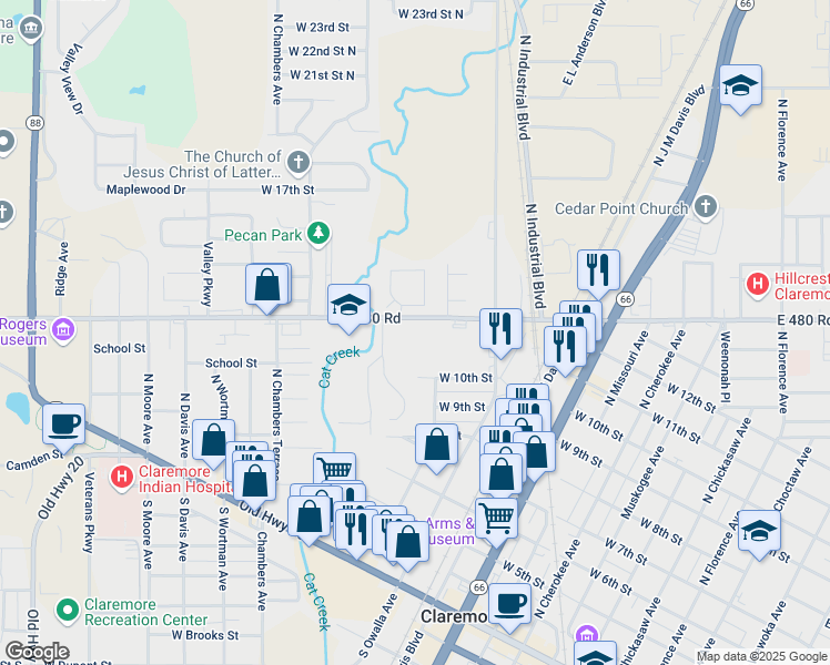 map of restaurants, bars, coffee shops, grocery stores, and more near 1000 W Blue Starr Dr in Claremore