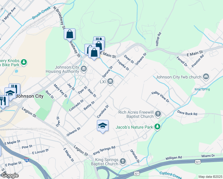 map of restaurants, bars, coffee shops, grocery stores, and more near 606 Orleans Street in Johnson City