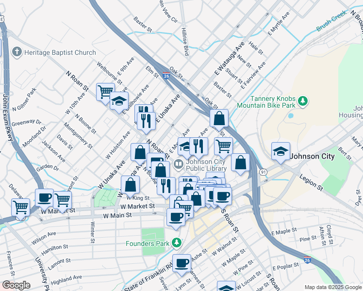 map of restaurants, bars, coffee shops, grocery stores, and more near 112e East Myrtle Avenue in Johnson City