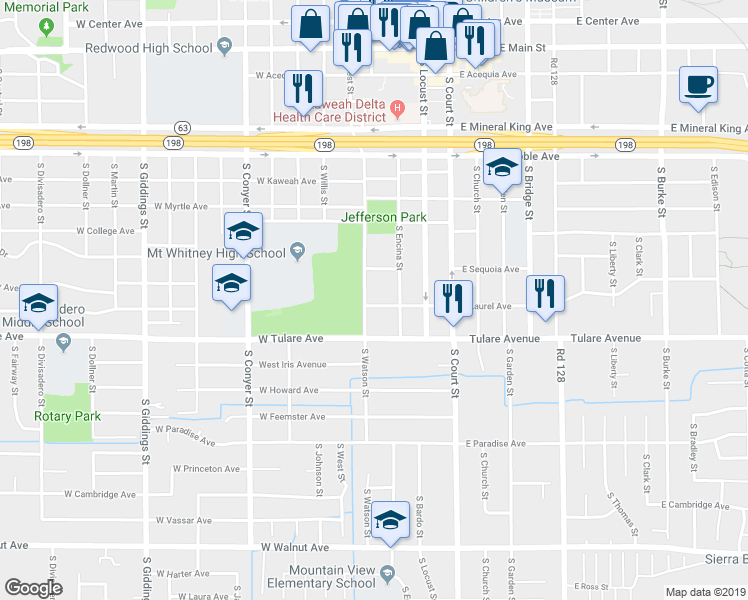 map of restaurants, bars, coffee shops, grocery stores, and more near 822 South Watson Street in Visalia