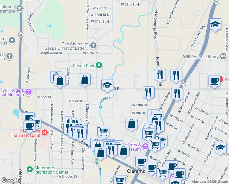 map of restaurants, bars, coffee shops, grocery stores, and more near 1302 North Willow Drive in Claremore