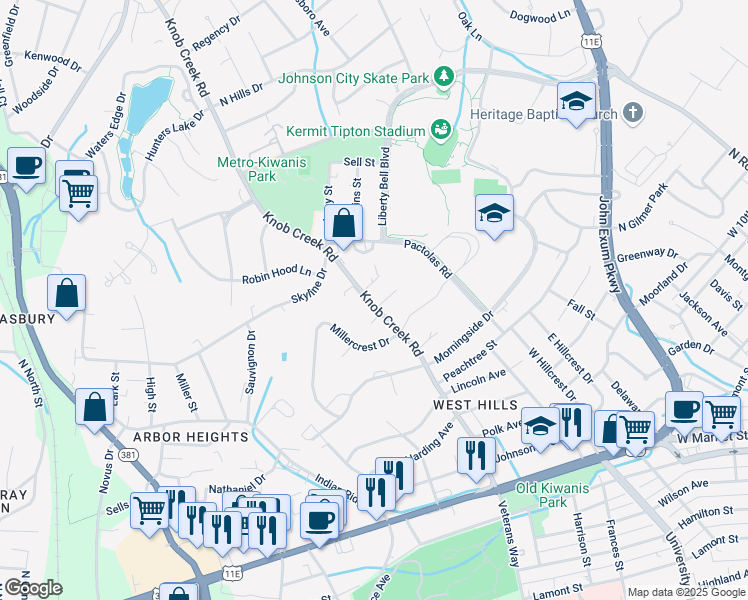 map of restaurants, bars, coffee shops, grocery stores, and more near 1305 Knob Creek Road in Johnson City