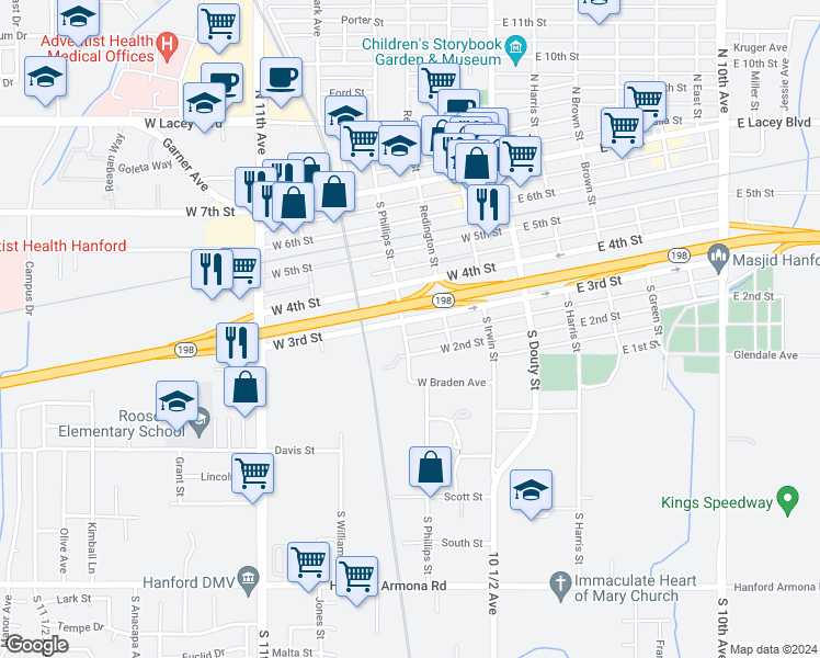 map of restaurants, bars, coffee shops, grocery stores, and more near 313 South Phillips Street in Hanford