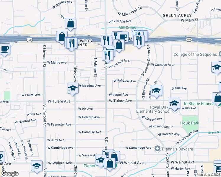 map of restaurants, bars, coffee shops, grocery stores, and more near 1019 South Silvervale Street in Visalia