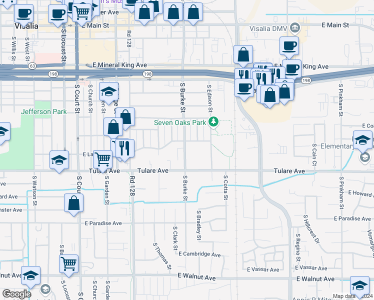 map of restaurants, bars, coffee shops, grocery stores, and more near 1050 South Burke Street in Visalia