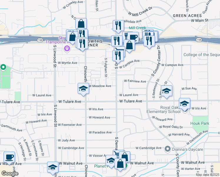 map of restaurants, bars, coffee shops, grocery stores, and more near 3710 West Tulare Avenue in Visalia