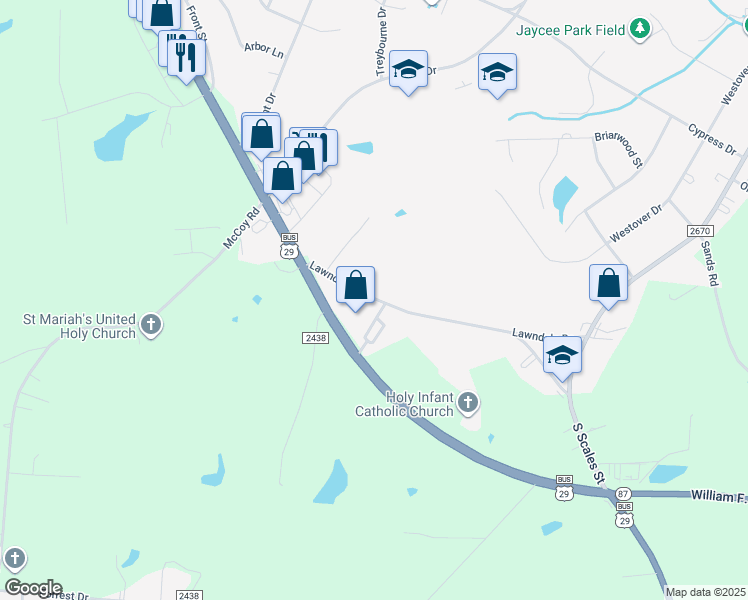 map of restaurants, bars, coffee shops, grocery stores, and more near 17 Lawndale Drive in Reidsville