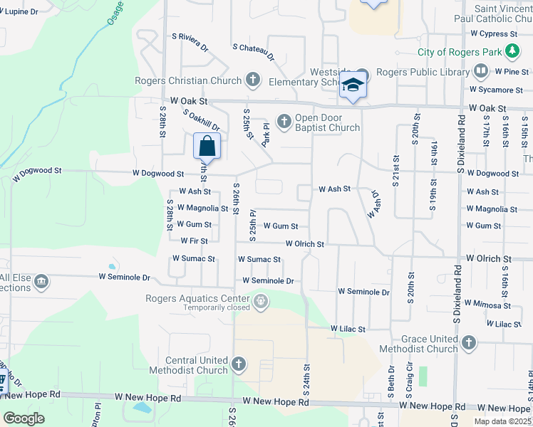 map of restaurants, bars, coffee shops, grocery stores, and more near 2431 West Gum Street in Rogers