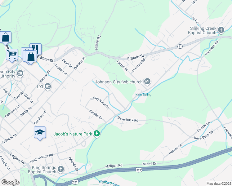 map of restaurants, bars, coffee shops, grocery stores, and more near 1504 Stoneybrook Drive in Johnson City