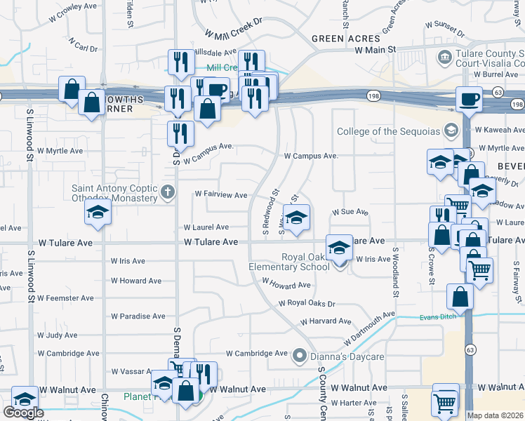 map of restaurants, bars, coffee shops, grocery stores, and more near 1103 South Redwood Street in Visalia