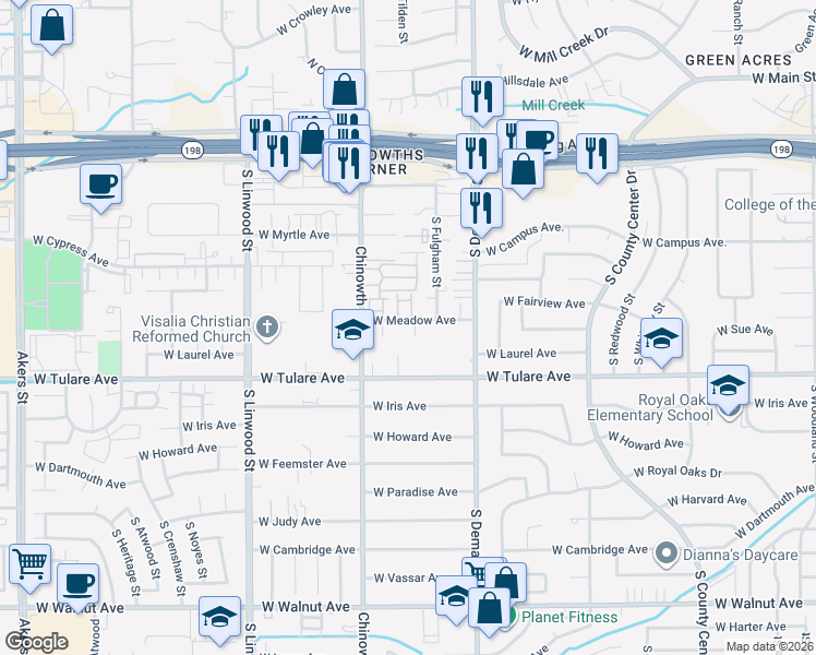 map of restaurants, bars, coffee shops, grocery stores, and more near in Visalia