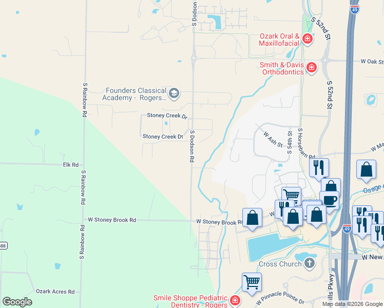 map of restaurants, bars, coffee shops, grocery stores, and more near 1164-1380 Dodson Road in Rogers