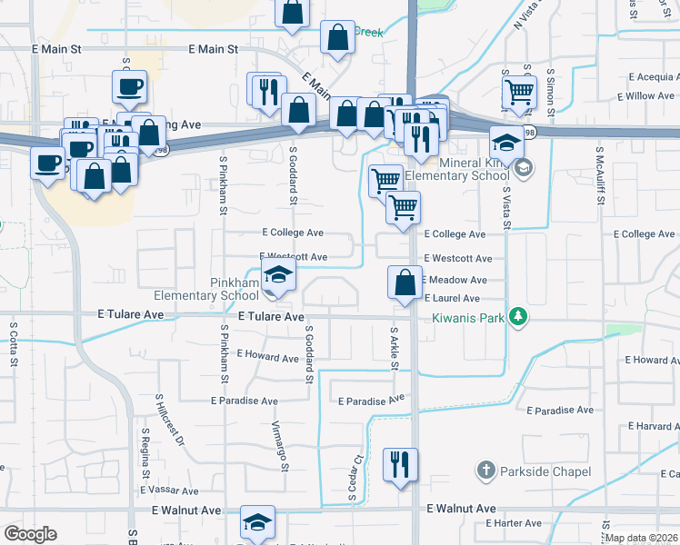 map of restaurants, bars, coffee shops, grocery stores, and more near 2618 East Tulare Avenue in Visalia