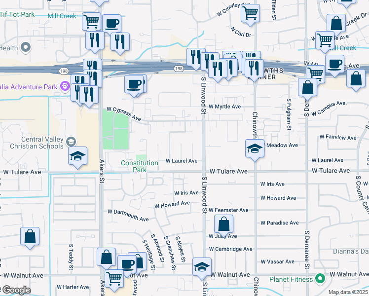 map of restaurants, bars, coffee shops, grocery stores, and more near 1047 S Kent St in Visalia