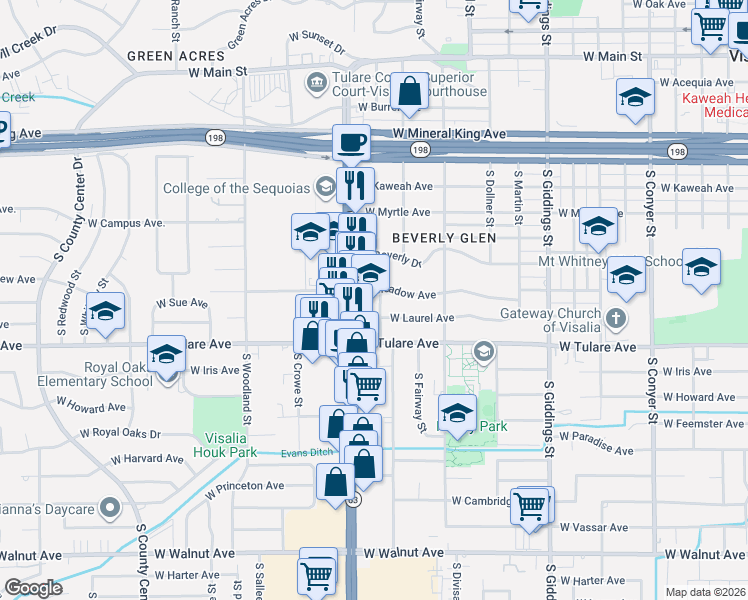 map of restaurants, bars, coffee shops, grocery stores, and more near 1101-1199 South Bonnie Street in Visalia
