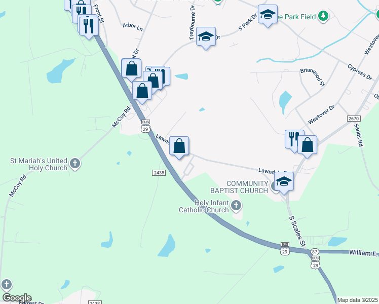 map of restaurants, bars, coffee shops, grocery stores, and more near 17 Lawndale Drive in Reidsville