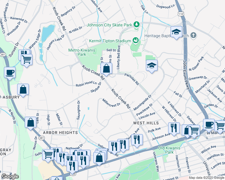map of restaurants, bars, coffee shops, grocery stores, and more near 1305 Knob Creek Road in Johnson City
