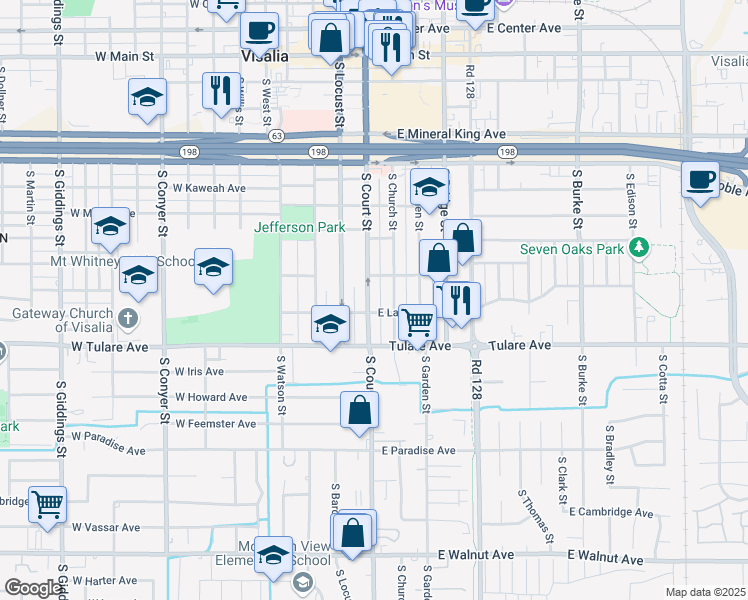 map of restaurants, bars, coffee shops, grocery stores, and more near 904 South Court Street in Visalia