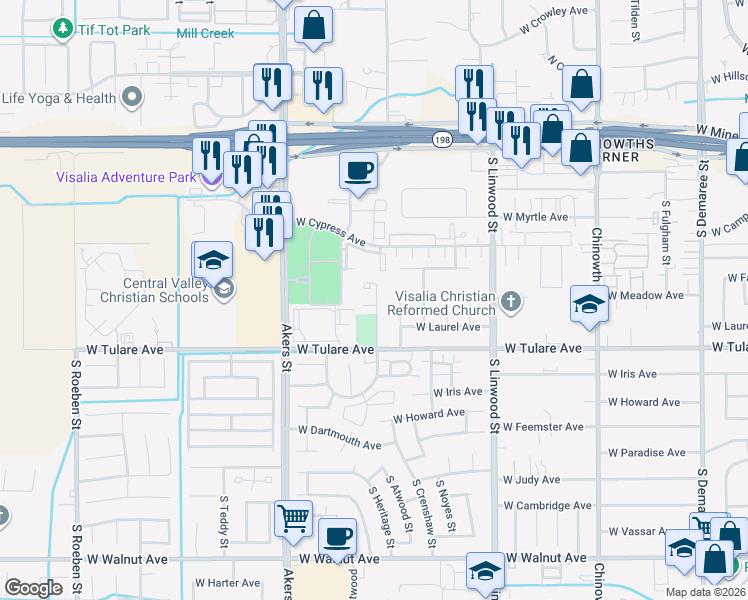 map of restaurants, bars, coffee shops, grocery stores, and more near 1544 South Crenshaw Court in Visalia