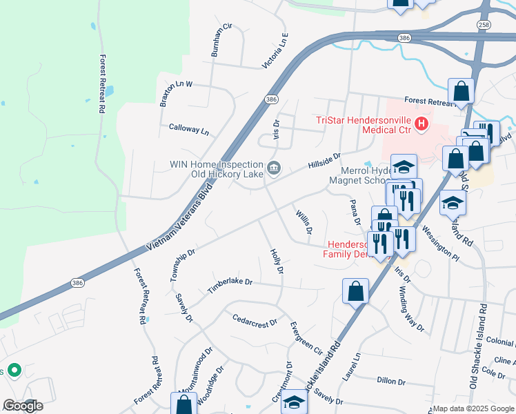 map of restaurants, bars, coffee shops, grocery stores, and more near 130 Holly Drive in Hendersonville