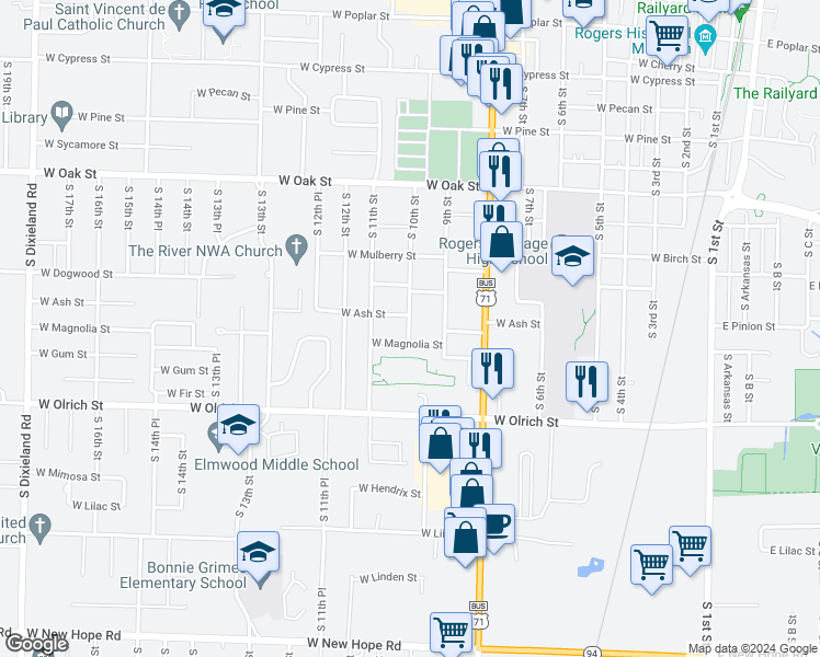 map of restaurants, bars, coffee shops, grocery stores, and more near 1210 South 10th Street in Rogers